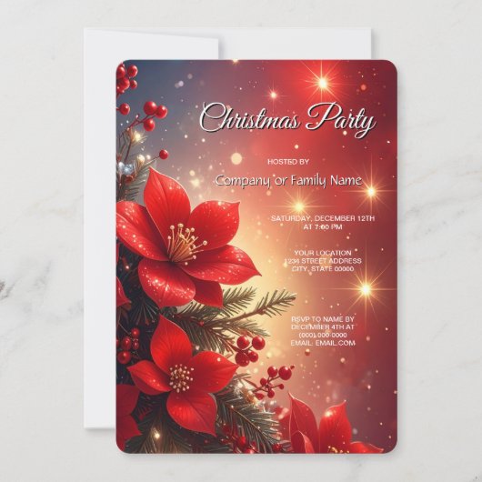 Red Christmas Floral Holiday Party Invitation Kaart (Voorkant)