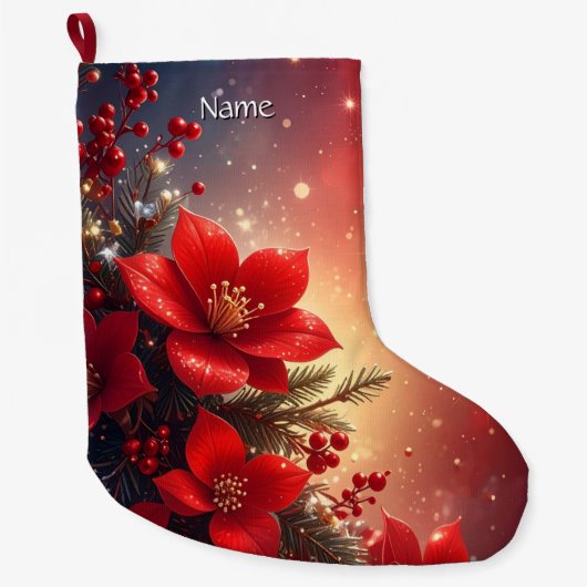 Red Christmas Floral Holiday Stocking Grote Kerstsok (Voorkant)