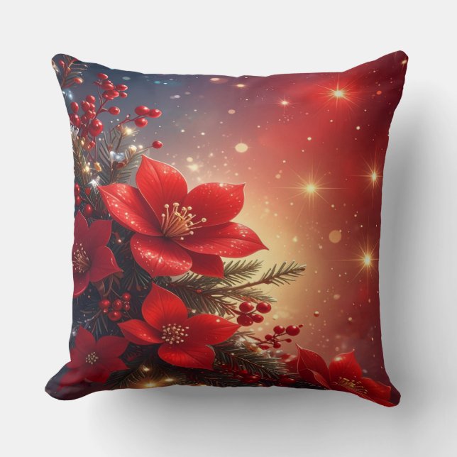 Red Christmas Floral Holiday Throw Pillow Kussen (Voorkant)