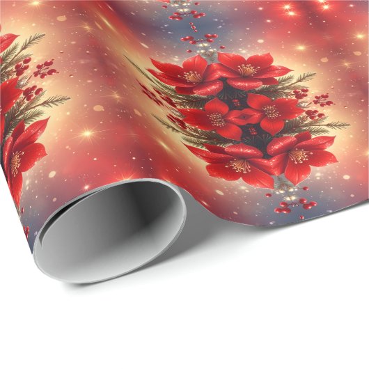 Red Christmas Floral Holiday Wrapping Paper Cadeaupapier (Rol Hoek)