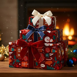 Red Christmas Gift Wrapping Paper with Festive Ico Cadeaupapier