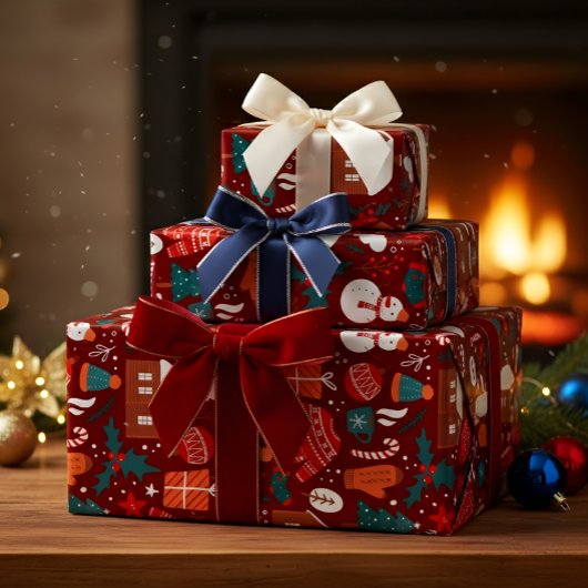 Red Christmas Gift Wrapping Paper with Festive Ico Cadeaupapier
