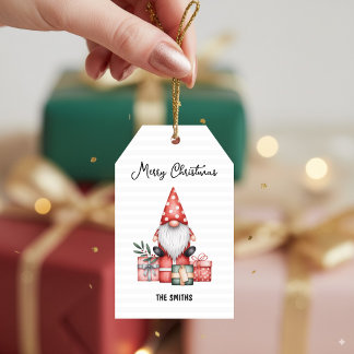 Red Christmas Gnome with Presents Merry Holiday Cadeaulabel