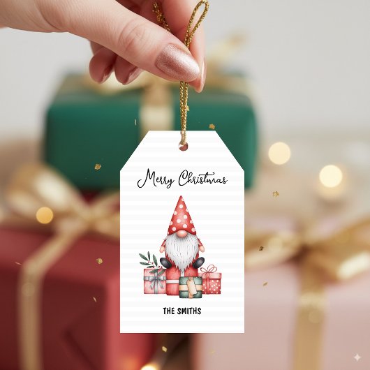 Red Christmas Gnome with Presents Merry Holiday Cadeaulabel