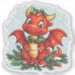 Red Christmas Holly Dragon Sticker<br><div class="desc">Een schattige rode draak is met kerst gekleed in rode en groene hulst als herfsten om hem heen.</div>