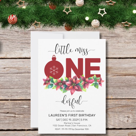 Red Christmas Little MIss 1st Birthday Invitation Kaart