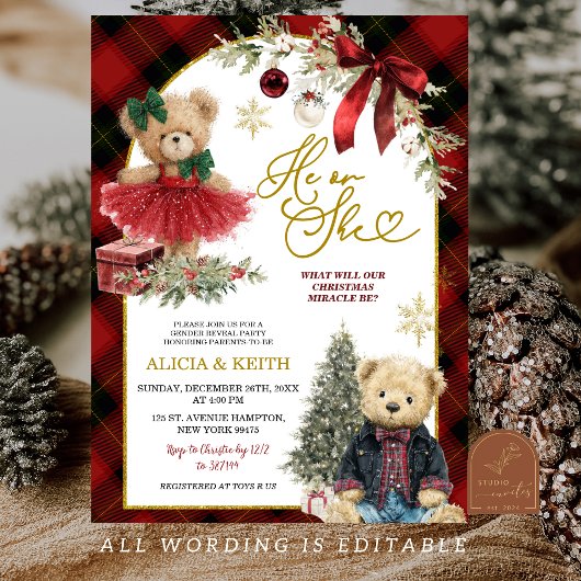 Red Christmas Luxury Bear Gender Reveal Kaart