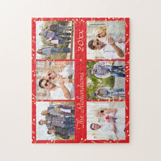 Red Christmas Personalized 6 Photo Collage Legpuzzel (Verticaal)