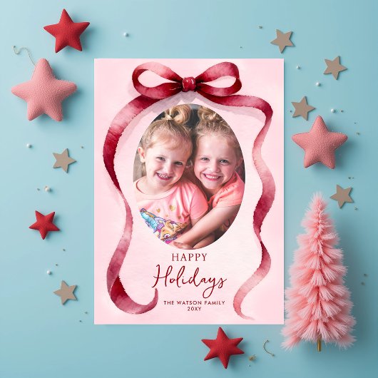 Red Christmas Photo Bow Ribbon  Feestdagenkaart