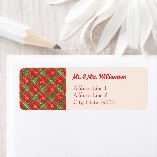 Red Christmas Plaid Gold Snowflakes retouradres Etiket (Insitu)