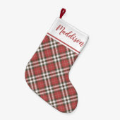 Red Christmas plaid pattern personalized name  Kleine Kerstsok (Voorkant (Hangend))