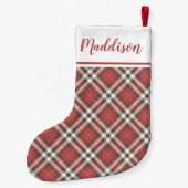 Red Christmas plaid pattern personalized name  Kleine Kerstsok (Achterkant)
