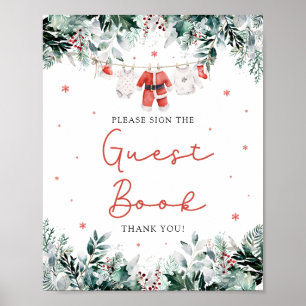 Red Christmas Santa Baby shower Guest Book Sign Poster