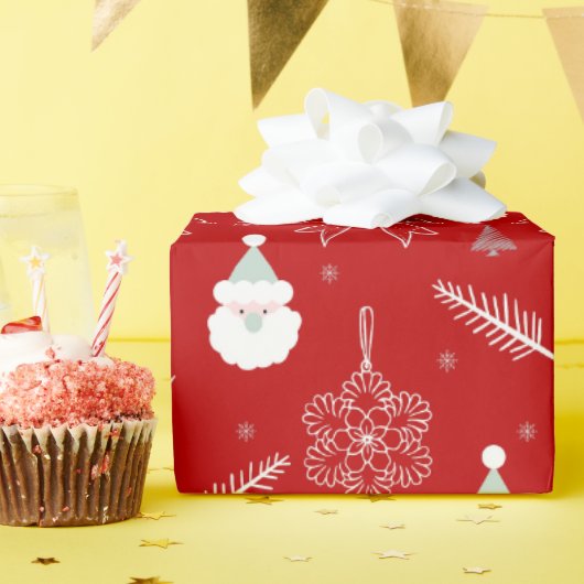 Red Christmas – Santa & Snowflake Pattern Cadeaupapier (Verjaardagsfeest)