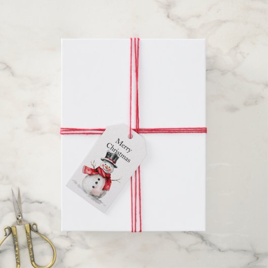 Red Christmas Snowman Cadeaulabel (Met Touw)