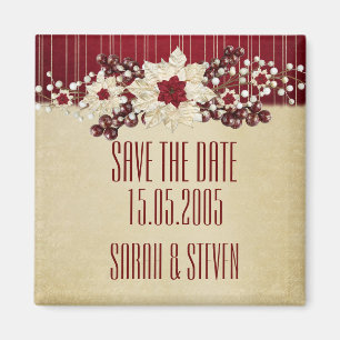 Red Christmas Star Damask Gold Bewaar de datum Magneet