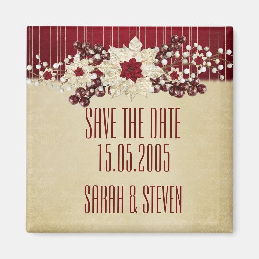 Red Christmas Star Damask Gold Bewaar de datum Magneet (Voorkant)