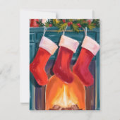 Red Christmas Stockings Fireplace Watercolor Feestdagenkaart (Voorkant)