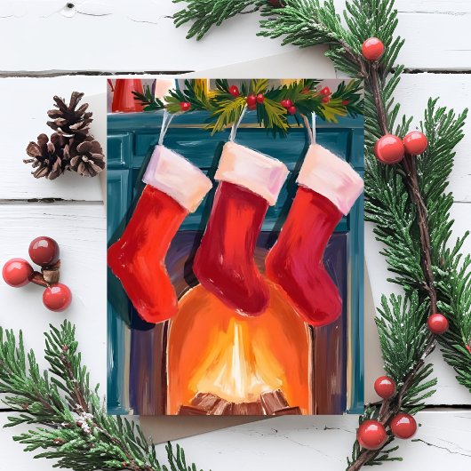 Red Christmas Stockings Fireplace Watercolor Feestdagenkaart