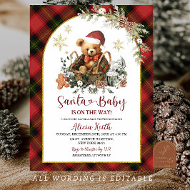 Red Christmas Tartan Cozy Santa Bear Baby Shower Kaart