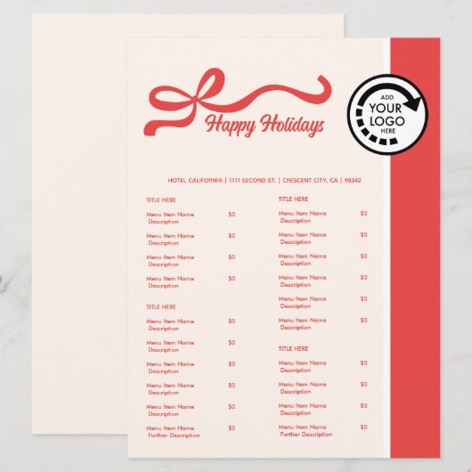 Red Christmas Theme Restaurant Take Out Menu (Voorkant / Achterkant)