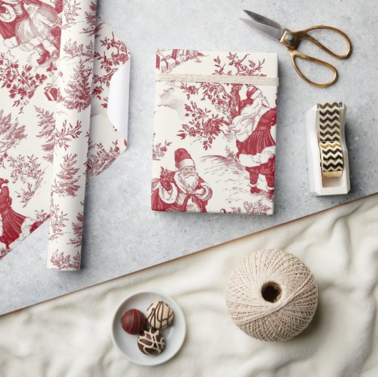 Red Christmas Toile Santa And Trees Cadeaupapier (Crafts)