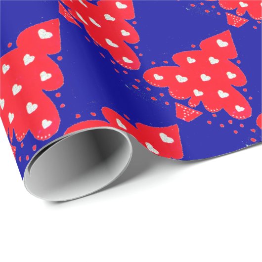 RED CHRISTMAS TREIN MET HARTS, Blue Cadeaupapier (Rol Hoek)