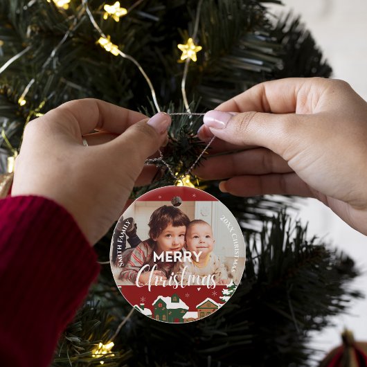 Red Christmas Village Custom Family Photo Keepsake Keramisch Ornament