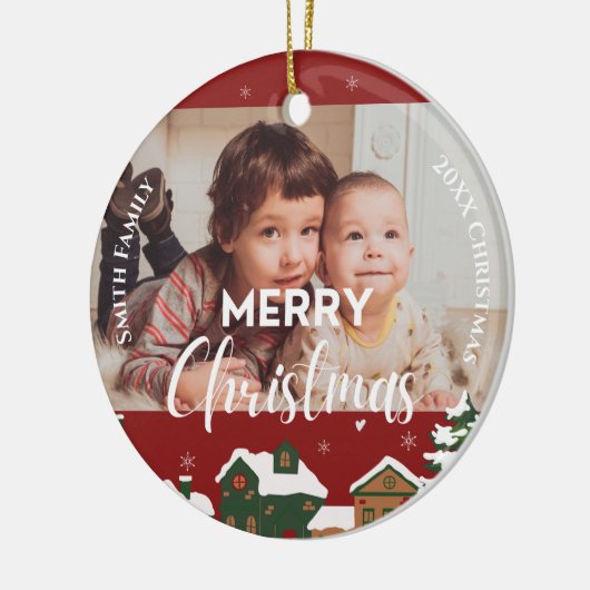 Red Christmas Village Custom Family Photo Keepsake Keramisch Ornament (Links)