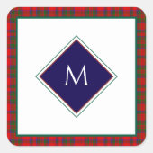 Red Christmas Wool Texture Plaid with Monogram Vierkante Sticker (Voorkant)