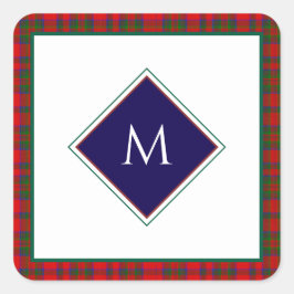 Red Christmas Wool Texture Plaid with Monogram Vierkante Sticker
