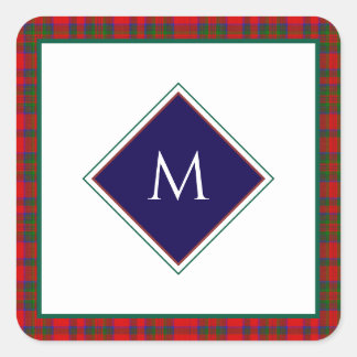 Red Christmas Wool Texture Plaid with Monogram Vierkante Sticker