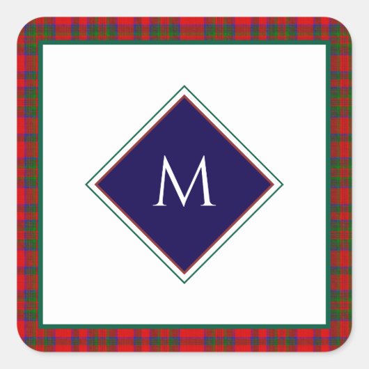 Red Christmas Wool Texture Plaid with Monogram Vierkante Sticker (Voorkant)