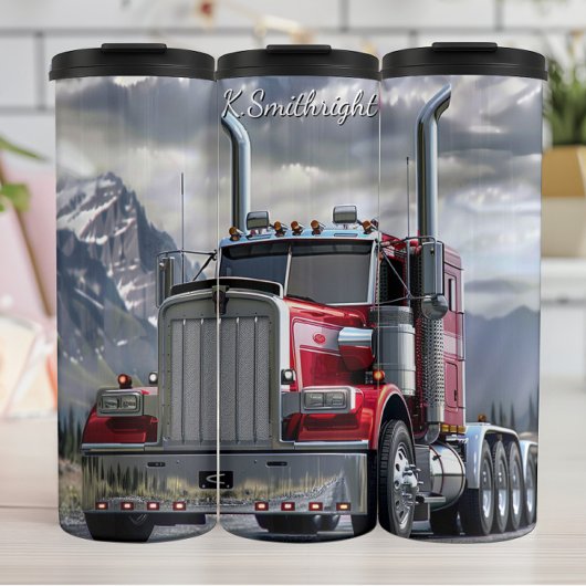 Red Chrome Semi Truck Mountain Road Thermosbeker