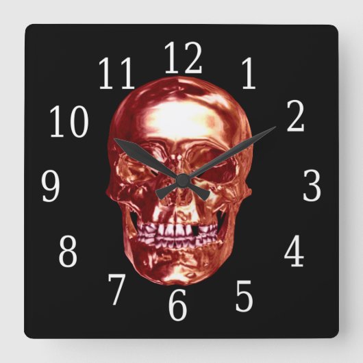 Red Chrome Skull Square Clock Vierkante Klok (Voorkant)