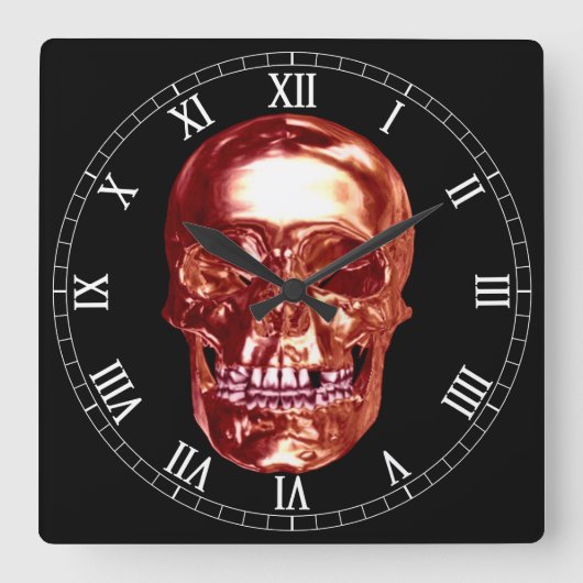 Red Chrome Skull Square Roman Numerus Clock Vierkante Klok (Voorkant)