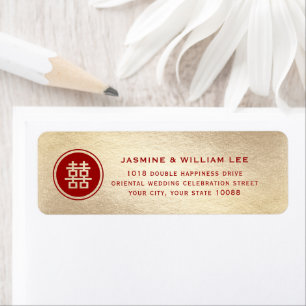 Red Circle Double Happiness Gold Chinese bruiloft Etiket