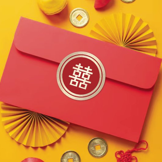 Red Circle Double Happiness Gold Chinese bruiloft Ronde Sticker