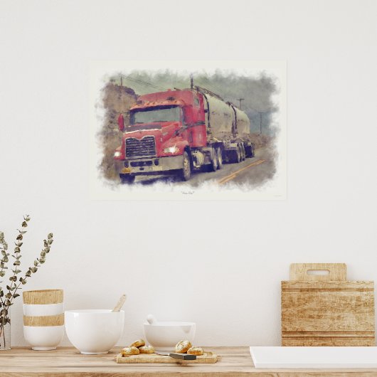 Red Cistern Truck Highway Driving Painting Print (Keuken)