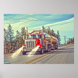 Red Cistern Truck - Truck and Highway Art Poster