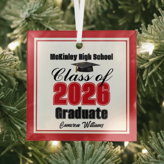 Red Class of 2026 Graduation Custom Christmas Glas Ornament (Insitu)