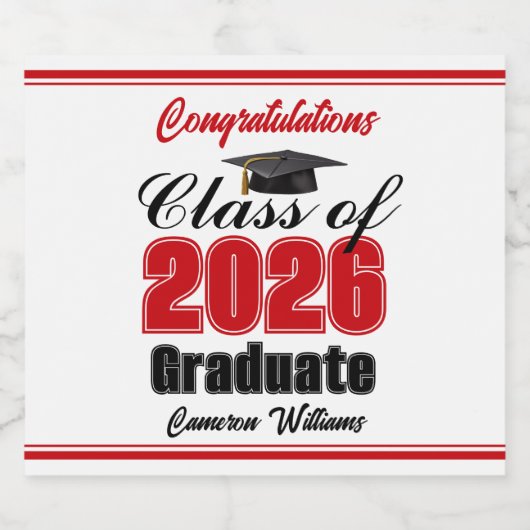 Red Class of 2026 Graduation Party Custom Sparkling Wijnetiket (Enkel label)