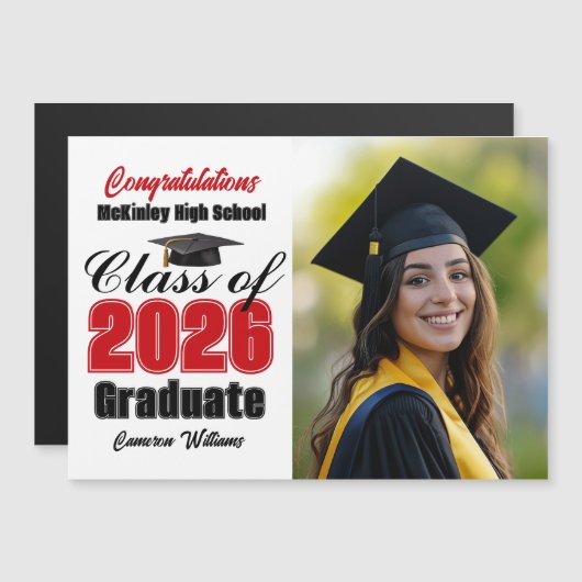 Red Class of 2026 Graduation Photo Magnet Card (Voorkant / Achterkant)