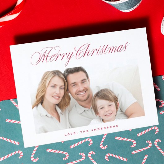 Red Classic Calligraphy Merry kerstfoto Feestdagenkaart