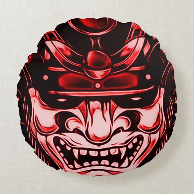 Red Classic Demon Samurai Mask Round Pillow Rond Kussen (Voorkant)