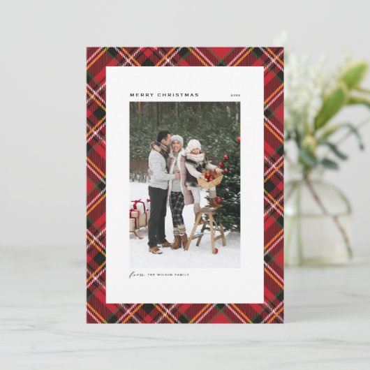 Red Classic Pset Pattern Merry kerstfoto Feestdagenkaart (Staand voorkant)