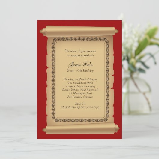 Red Classic Scroll Invitation Kaart (Staand voorkant)