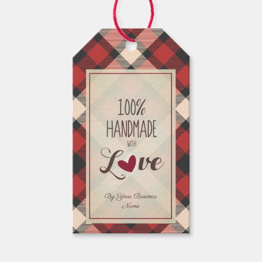 Red Classic Tartan Handmade with Love Quote Cadeaulabel (Voorkant)