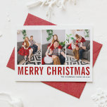 Red Classic Typography Photo Collage Kerstmis Feestdagenkaart<br><div class="desc">Vrolijk kerstfeest! Stuur dit seizoen uw wensen met deze aanpasbare kerstfotocollage. Het bevat eenvoudige typografie. Personaliseer door drie foto's,  namen,  jaar en andere details toe te voegen. Deze moderne kerstkaart is ook verkrijgbaar in andere kleuren en in andere kartonnen dozen.</div>