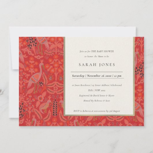 Red Classy Flora Peacock Baby shower Uitnodigen Bedankkaart (Voorkant)